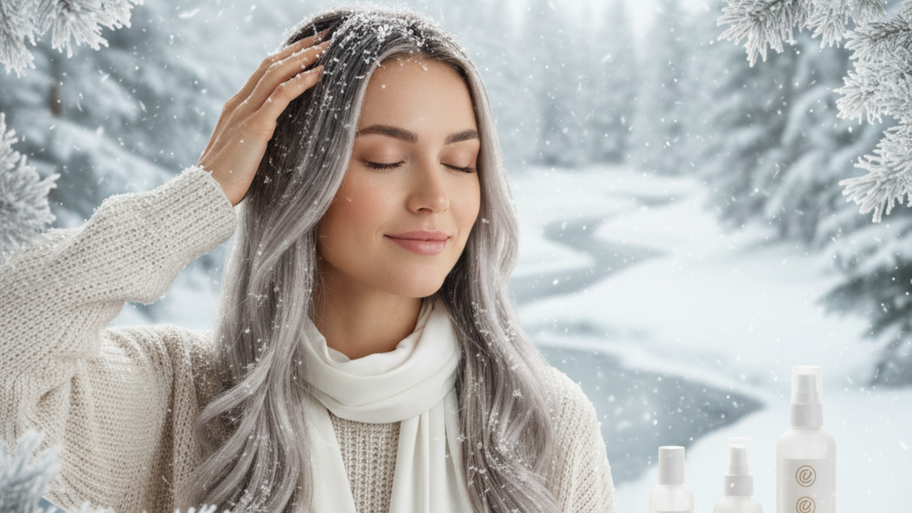 a girl taking care of her hair scalp in winter