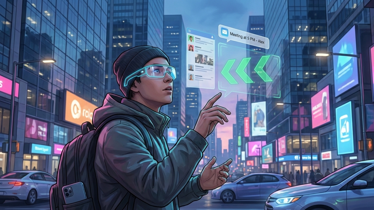 A man using futuristic AR smart glasses in a neon-lit city to view floating navigation and message notifications while keeping his phone in his pocket.