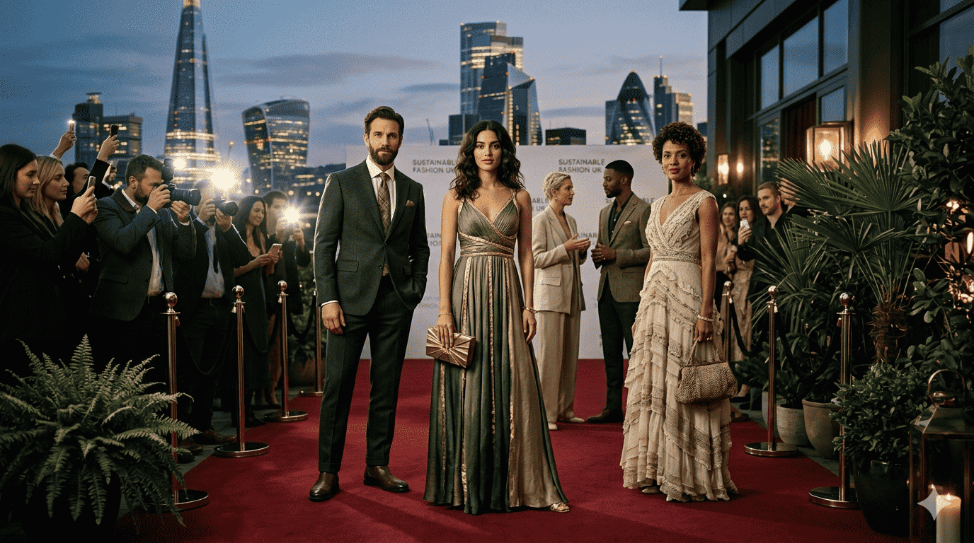 UK celebrities promoting sustainable fashion in 2026 wearing eco-friendly outfits at a London red carpet event.