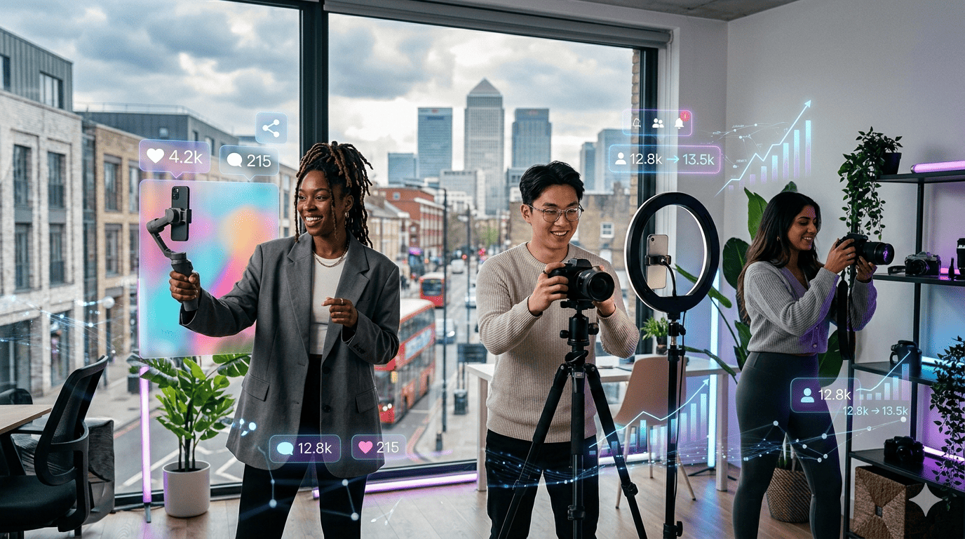 UK micro-influencers creating content with smartphones and AI tools in a modern London setting in 2026.