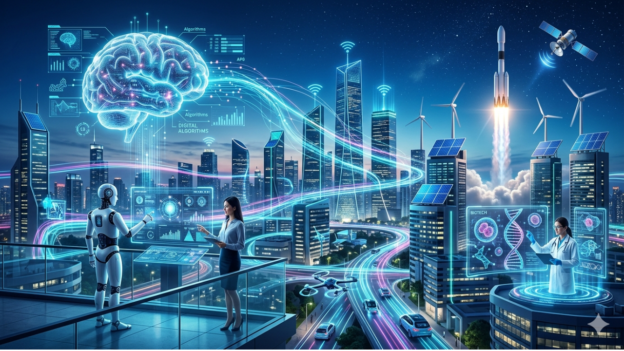 Futuristic city showing technology trends next 5 years including AI, renewable energy, and smart infrastructure