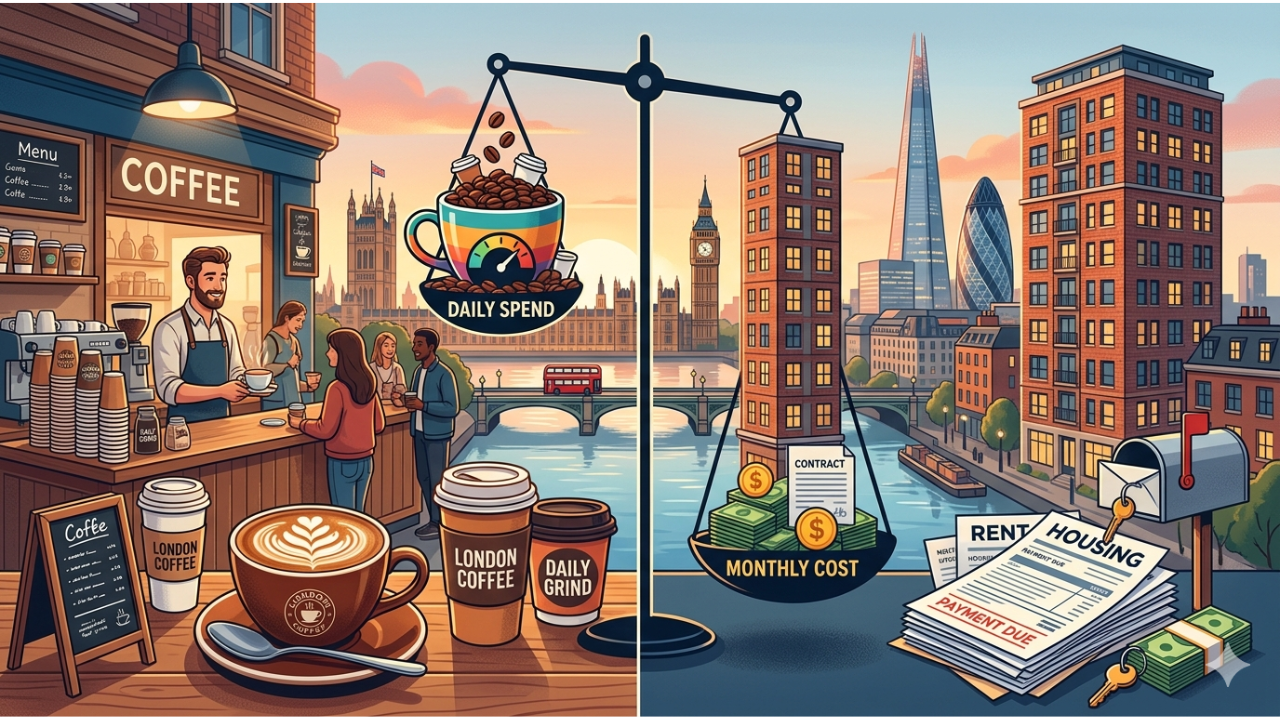 London cityscape showing a coffee cup and apartment buildings representing the comparison of coffee spending vs rent costs.