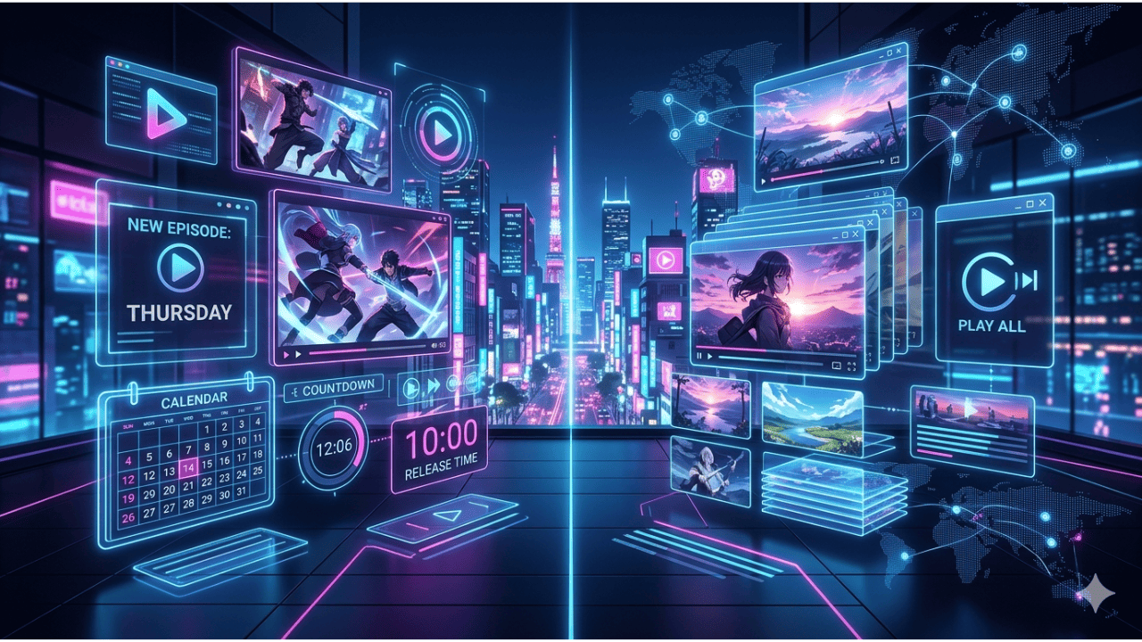 Anime streaming platforms 2026 showing simulcast vs batch release with digital screens and streaming interface.