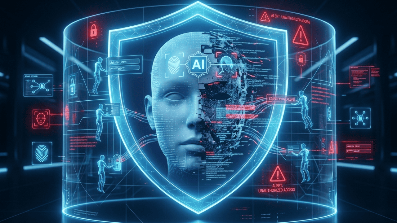 Agentic AI security risks showing AI identity attacks in cybersecurity with autonomous AI agents accessing login credentials and digital identity systems