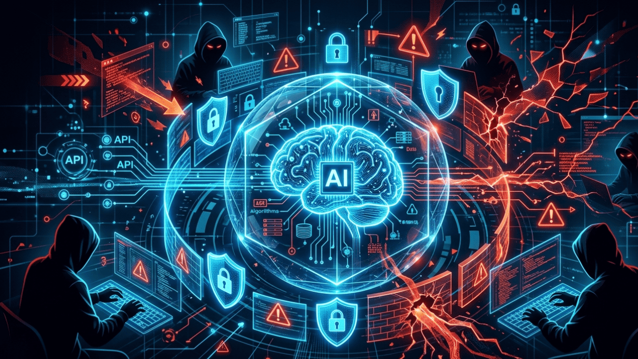 AI security risks in 2026 showing artificial intelligence system under cyber attack with layered cybersecurity protection and digital threats