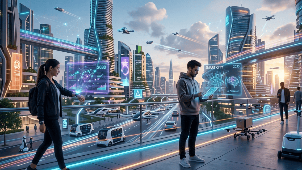 future technology trends in 2030 showing smart city, AI systems, robotics, and advanced digital innovation