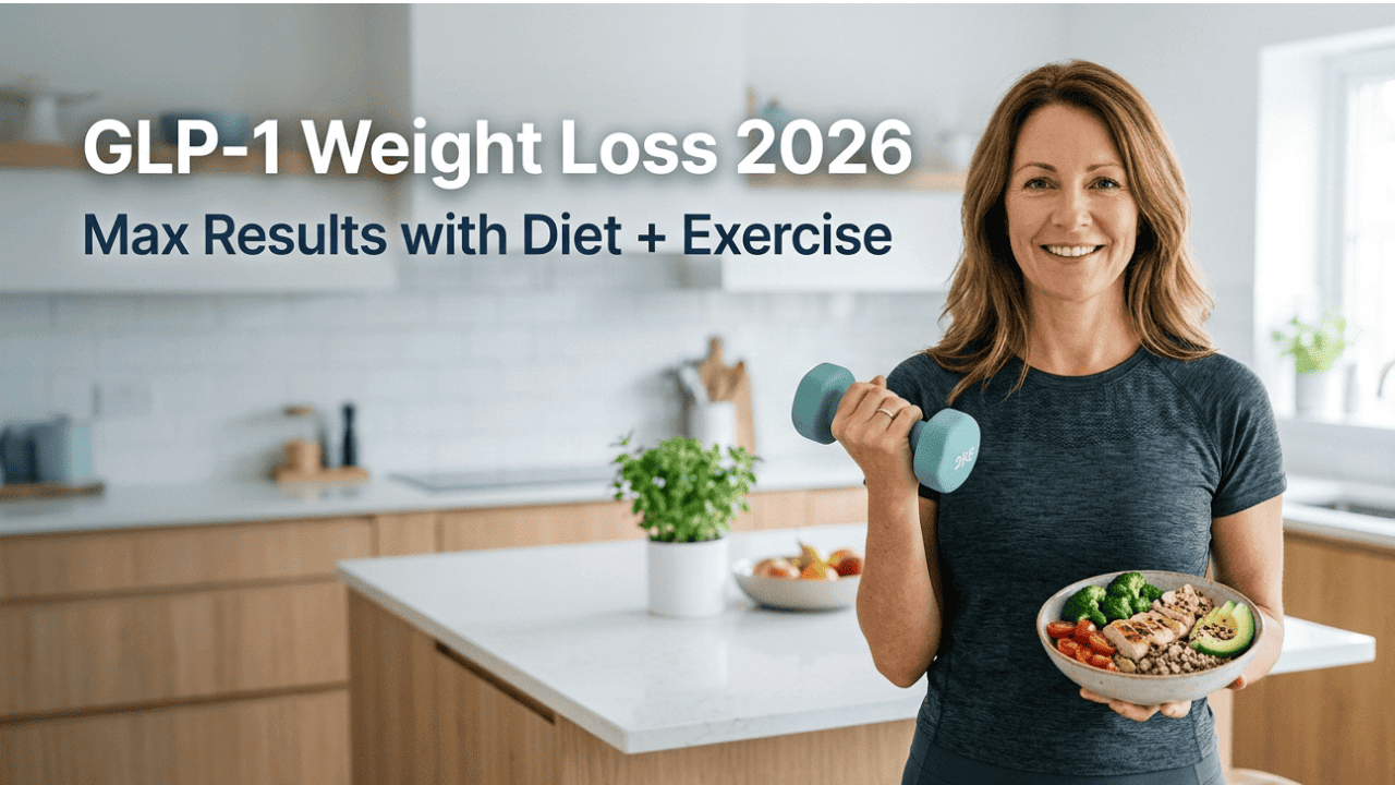 GLP-1 weight loss concept showing woman with healthy meal and dumbbell illustrating diet and exercise with semaglutide in 2026