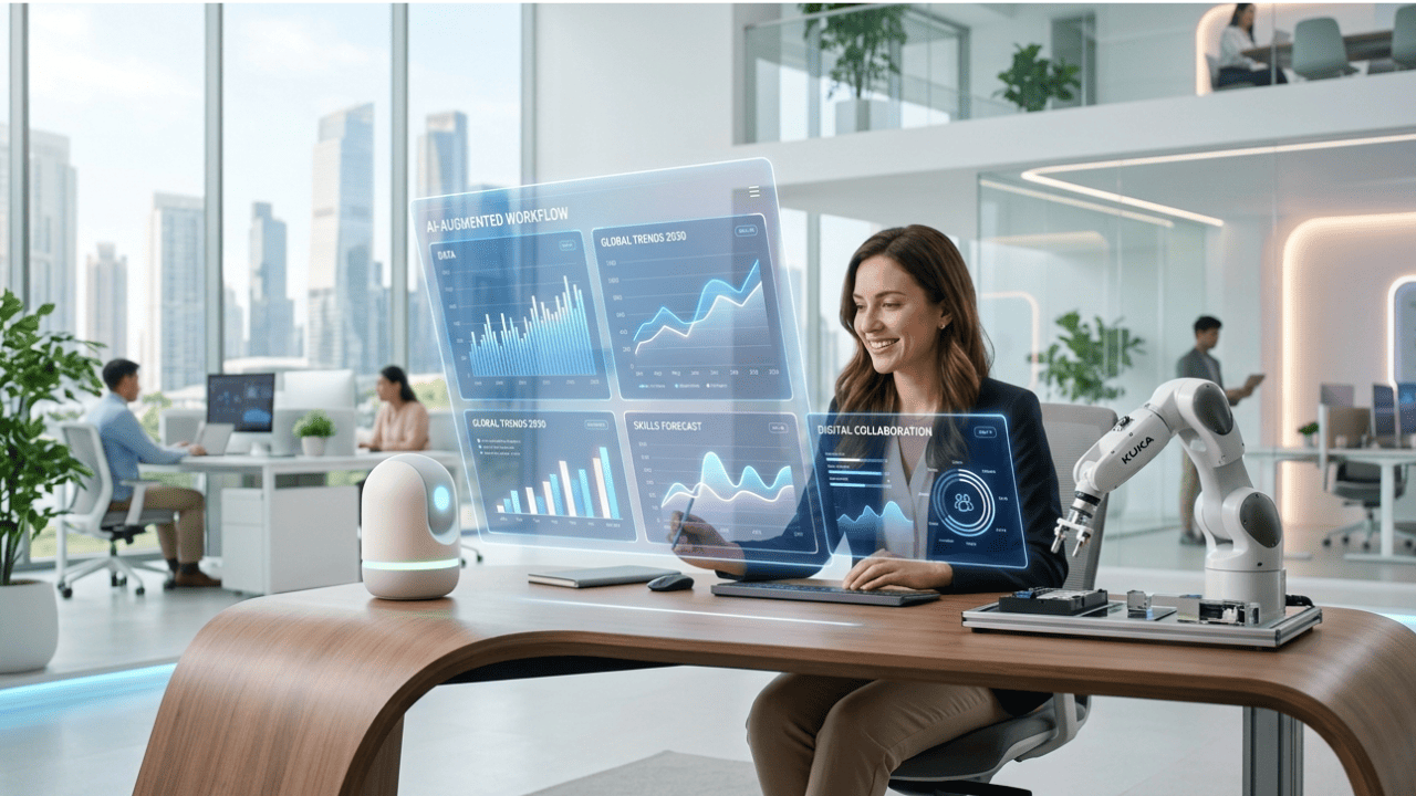 jobs in 2030 showing futuristic workplace with AI assistants and advanced technology