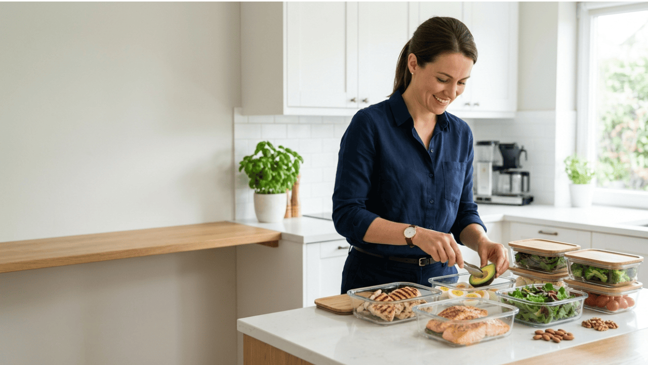 Low-carb meals including chicken, avocado, and veggies in keto meal prep containers in a contemporary kitchen