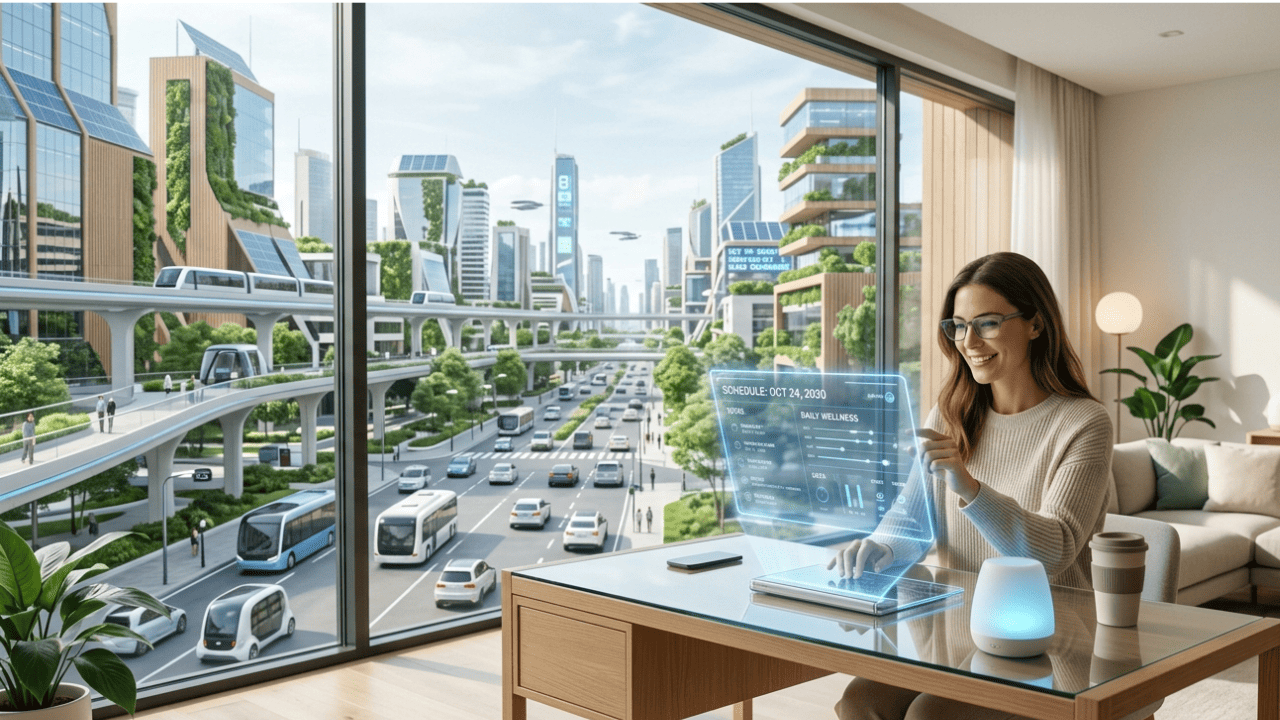 life in 2030 showing smart home, AI assistant, and futuristic city with advanced technology