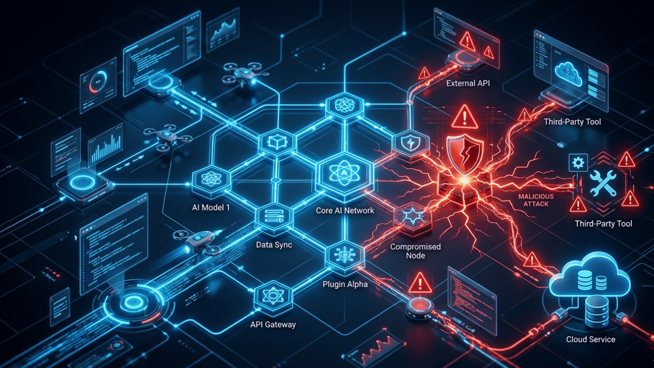 supply chain risks in agentic AI systems showing interconnected AI ecosystem vulnerabilities with APIs, third-party integrations, and cybersecurity threats